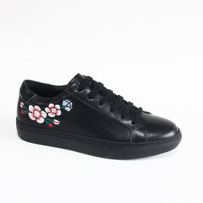 Black Leather Flower Embroidery Sneakers Lace Up Fashion Shoes For Womens Wholesale